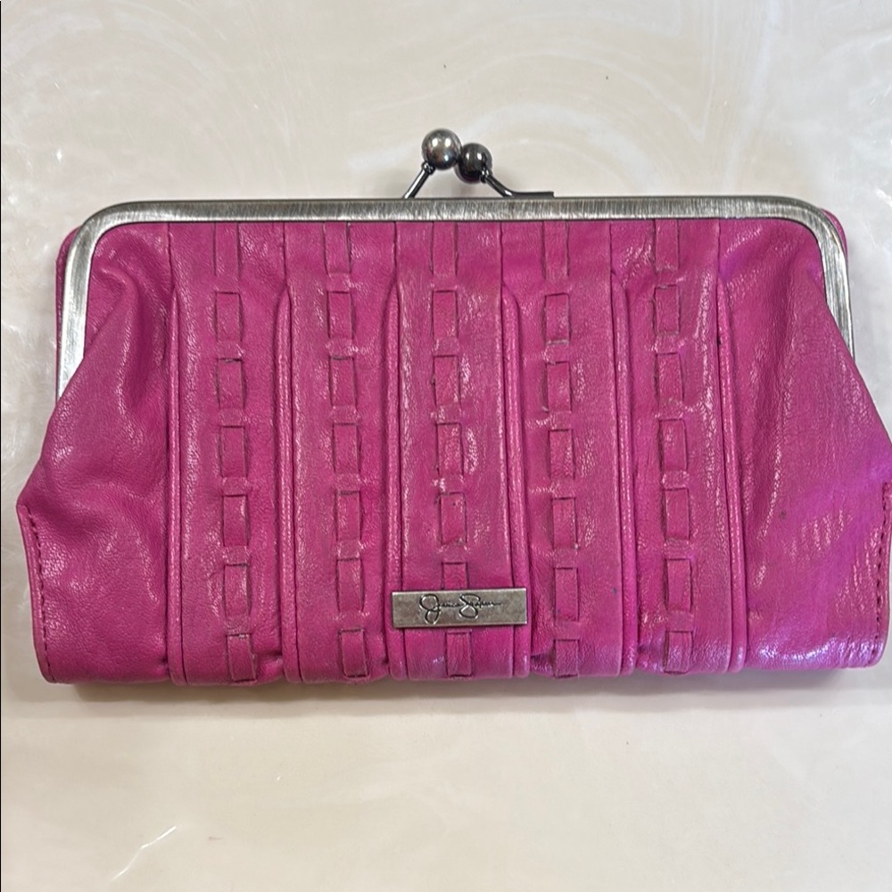 Jessica Simpson Vibrant Pink Geometric Clutch Wallet with Kiss-Lock Closure